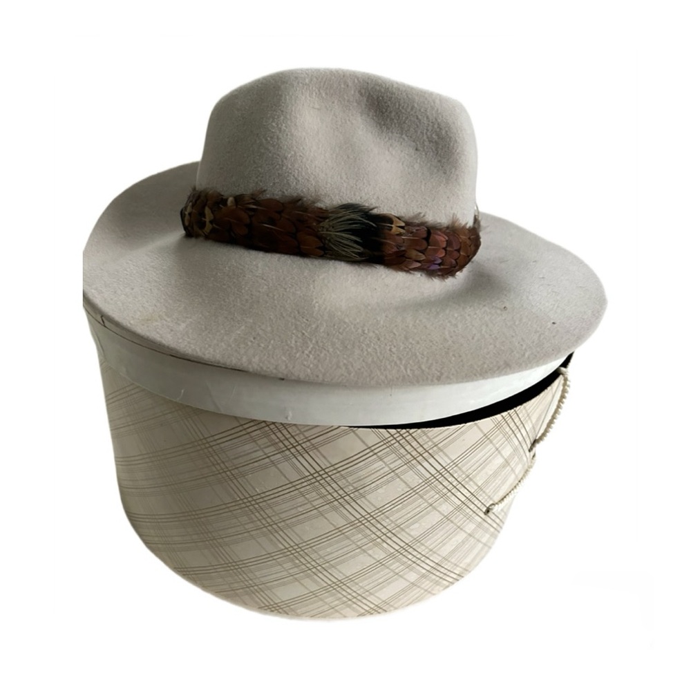 Vintage Cream Wool Hat with Feather Accent with hat box